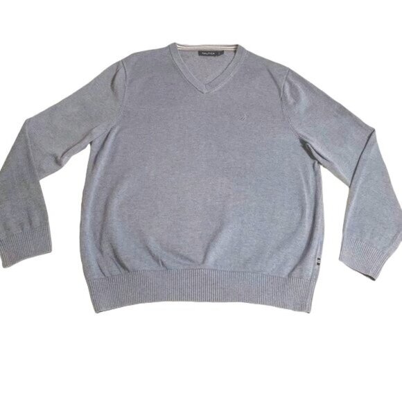 Nautica V-Neck Pullover Sweater Anchor Blue Heather Size Large Logo Stretch Knit - Picture 3 of 10